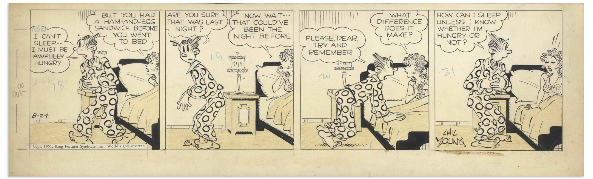 Chic Young Hand-Drawn ''Blondie'' Comic Strip From 1951 Titled ''The Case Calls for X-Rays!'' -- Dagwood's Midnight Snack Attack